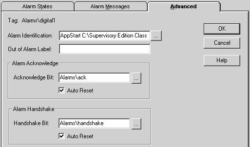 6-22 Click on the Advanced tab 1 4 2 3 1. Type the command: Appstart C:\supervisory edition class files\alarminfo.htm in the Alarm Identification field.