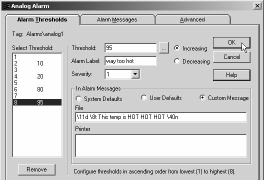 6-23 Select the Alarms\analog1 tag in the tag database. Click the Alarms checkbox and configure it.