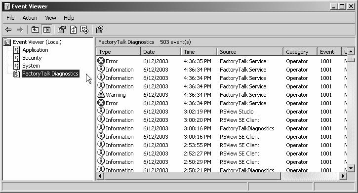 The local FactoryTalk Diagnostics log is grouped with other Windows