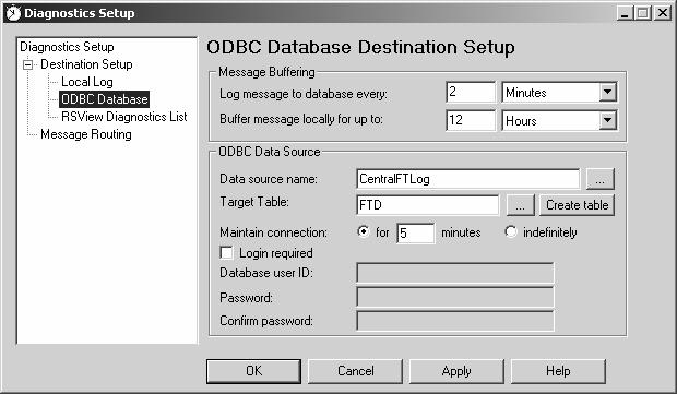 7-4 ODBC Logging The local FactoryTalk Diagnostics log may be exported to an ODBC Database.