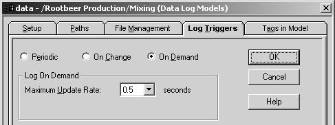 8-9 On Demand - Choose On Demand as the trigger to log data only when the RSView command DataLogSnapshot is issued.