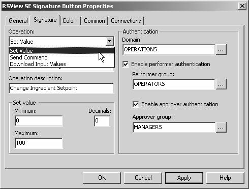 Draw a button on the graphic display. Note: The ActiveX Toolbox automatically includes the Electronic Signature Button.