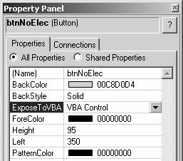 13-15 Rename the buttons and expose them to VBA. Right-click a button and select Property Panel. Name the button on the left btnnoop. Select VBA Control from the ExposedToVBA property.