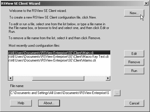 14-3 RSView SE Client RSView SE Clients are deployed to a runtime computer with an RSView SE Client software installed. Create a client file in RSView Studio. These files have the.cli extension.