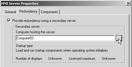 A valid SE Server license is required on the Secondary HMI Server computer. Redundancy is configured in the HMI Server Properties. HMI servers run as Windows Services.