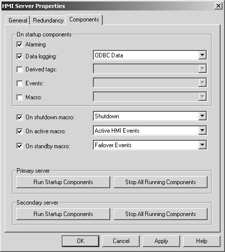 14-18 Specify the startup components in the Components Tab. You can decide what components will run on the primary and secondary HMI Servers, and when.