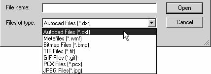 5-14 Importing Other Graphic files Other types of graphic files may be added to a graphic display with the Import command in the Objects menu:.dxf (AutoCAD files).wmf (Windows Metafiles).bmp,.tif,.