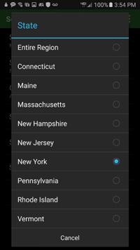 Once you make your choice, the app returns to the "Search Page" with New York set as our search state.