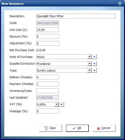 Adding Resources to the Price Book 11 The New Resource dialog box pops up. [25] Enter a Description of Specialist Floor Fitter. [26] Enter a Unit Cost of 15.00.