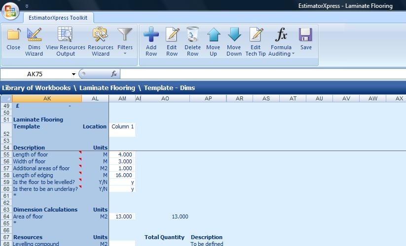 22 Creating the Laminate Flooring Workbook You are returned to the Dimensions Section of the Worksheet Template. A new row called Levelling compound has been added under Resources.