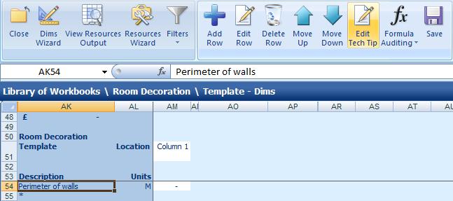 Creating the Room Decoration Workbook 51 We will now create a Tech Tip for Perimeter of walls. [12] Highlight the cell which says Perimeter of walls. [13] Press the Edit Tech Tip button.