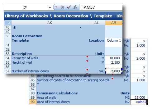 58 Creating the Room Decoration Workbook [32] Click on the asterisk (*) under Dimension Calculations. [33] Press the Add Row button. [34] Enter Area of internal doors into the Description input box.