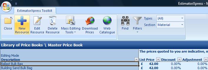 We will start by adding the Material resources to the Price Book, so we need to open the Material Section of the Price Book. [6] Select Material. [7] Click Select.