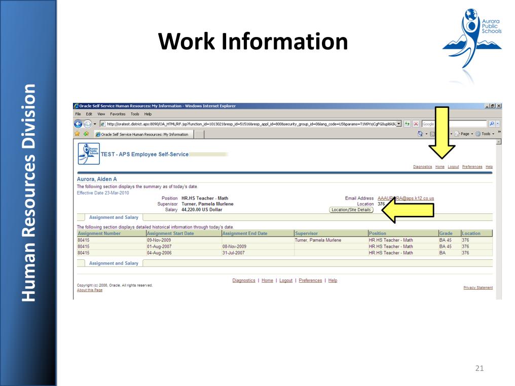 From the Work Information Page, you can view your Work Details including: Position Supervisor Salary Email Address Location Assignment Number Assignment Start Date Assignment End Date Grade For