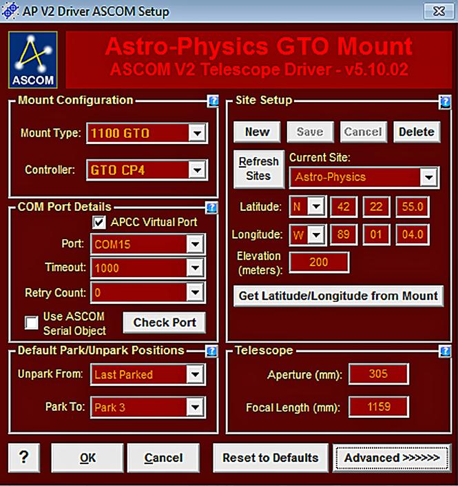 Setting Up the Astro-Physics V2 ASCOM Driver One of the first things that must be done is to set up the Astro-Physics V2 ASCOM driver.