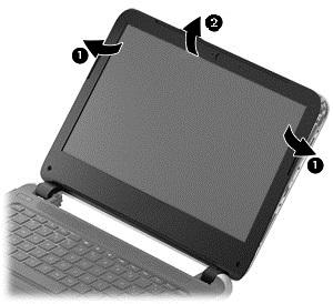 Remove the display panel: 1. Remove the plastic screw covers (1) and the two Phillips screws (2) that secure the display bezel to the display assembly. 2.