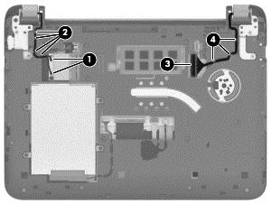 7. Release the display panel cable from the retention clips (4) and routing channel built into the bottom cover. 8.