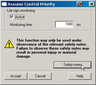 Commissioning a drive The "Assume control priority" window opens.