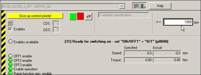 Activate the check box "Enable signals". The symbols and are active. 7. Enter a suitable speed for the motor in input field "n = ", e.g. "1,000.