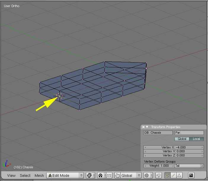 Now, the Chassis object has the shape of an arrow head.