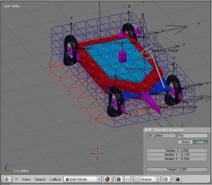 - Now, select your wheels one by one and apply to each of them a Lattice Modifier.