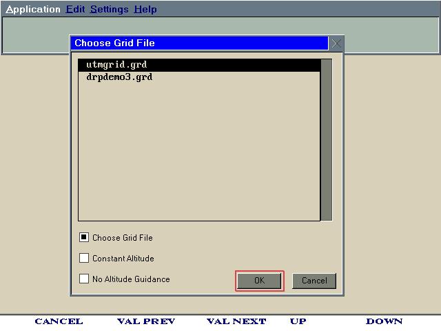 To open an altitude grid file: Use the or keys to select the Application item. Once Application has been highlighted, press to open the Application menu.