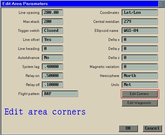 5.7.2 Edit Area - Corners To edit area corners, move the red box cursor to the Edit Corners button then press.