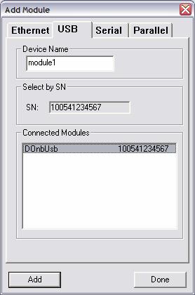 At the top of the dialog box there are two tabs, the Ethernet tab and the USB tab. Select the Ethernet tab and enter a device name. This device name is used to locate the device in the table.