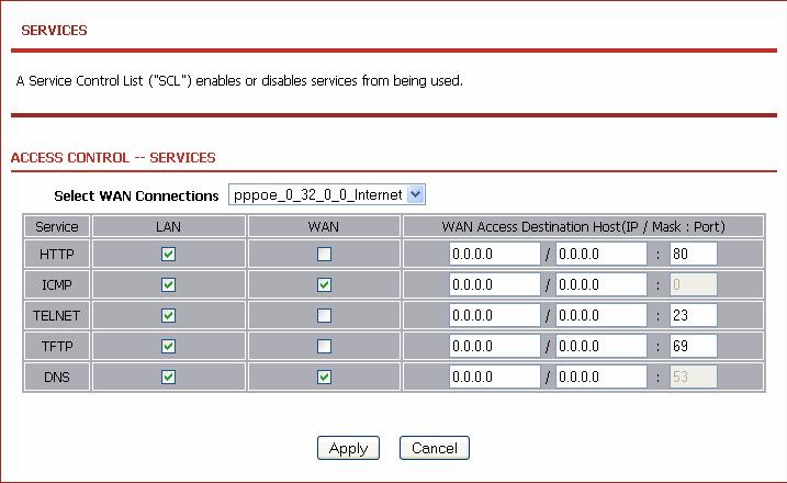 3.4.3.2 Services In the ACCESS CONTROLS page, click Services. The page as shown in the following figure appears: In this page, you can enable or disable the services that are used by the remote host.