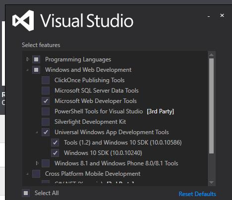 Setting Up Development Tools for the Universal Windows Platform Figure 2-7 Installing Visual Studio For the following information, see Windows Software Development Kit (SDK) for Windows 10 at