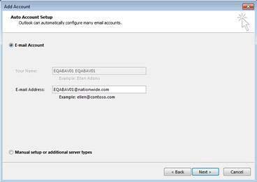 Verify that Yes is selected to setup Outlook to connect to an email account.