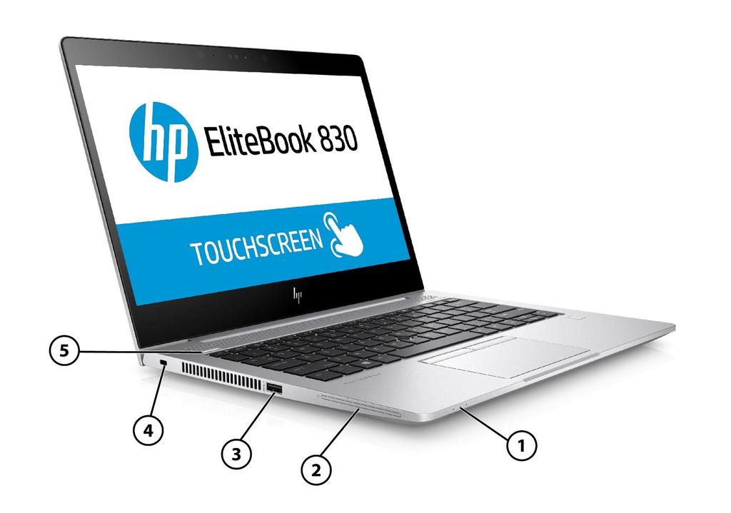 HP EliteBook 830 G5 Notebook PC Overview 1. Indicator LEDs: Power light Wireless light Storage usage light Right 2.