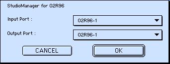 If a 02R96 is detected while Studio Manager starts up, the Synchronization dialog box appears, from which you can choose to transfer the settings of the 02R96 to Studio Manager or vice versa.