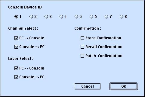 Console Device ID: Studio Manager can control any one of up to eight 02R96s, each with its own exclusive ID. Select the ID of the 02R96 that you want to control.