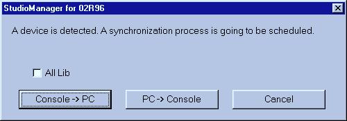 3 Chapter 1 Getting Started Synchronizing Studio Manager If a 02R96 is detected while Studio Manager starts up, or while Studio Manager is up and running, the Synchronization dialog box shown below