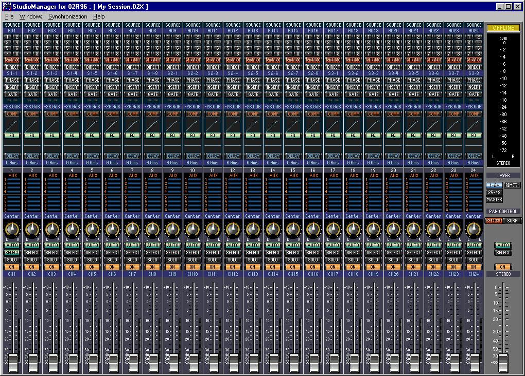 Console Window 4 2 Console Window Studio Manager s Console window displays 24 channel strips and a master section. When an Input Channel Layer is selected, 24 Input Channels are displayed.