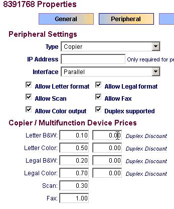 system. Peripheral Tab Type: Use the dropdown to select, copier, printer, or multifunction device.
