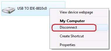 Disconnecting an USB Device 1. To safety disconnect an USB device under the Network window, right-click the USB device icon and select Disconnect from the menu.