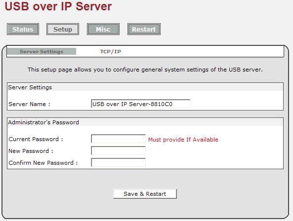 address field along with the subnet mask and click Save & Restart button to reboot the Network USB over IP Server.