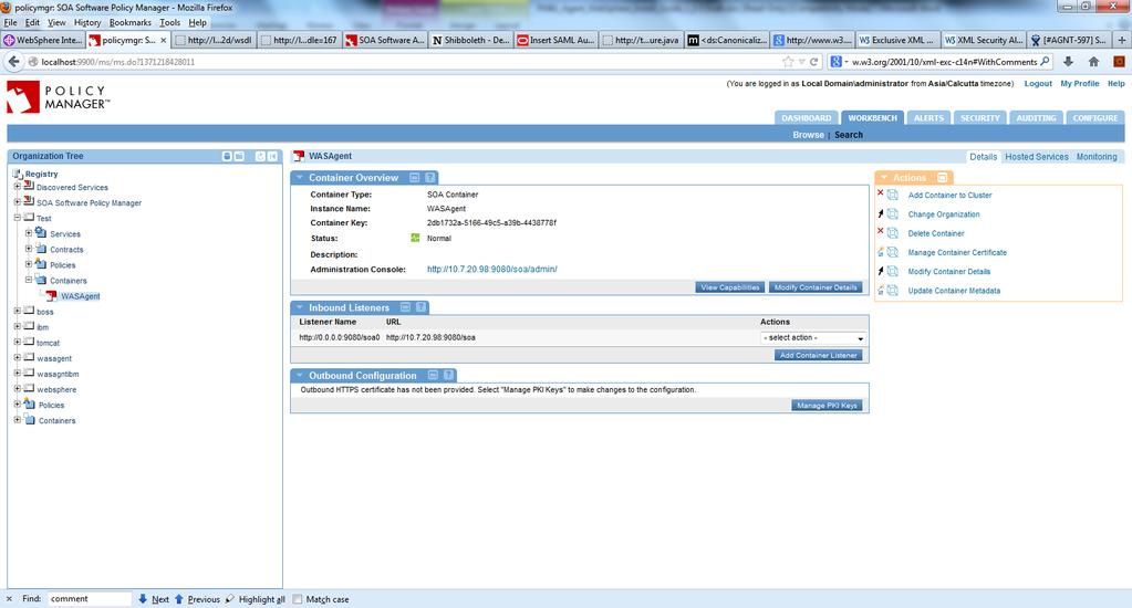 successfully registered in the "Management Console" and the Container Details screen displays.