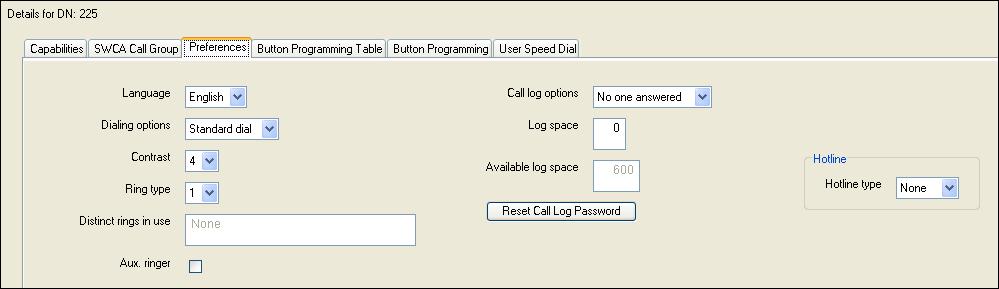 DN records panes Preferences tab pane Preferences pane fields Setting Values Description Language Dialing options Languages displayed are based on telephone capabilities and system software.