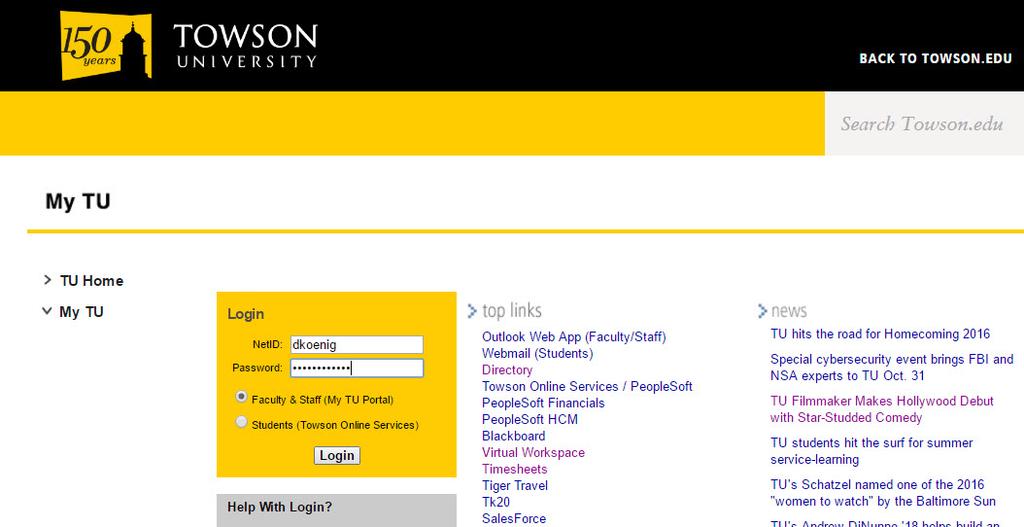 Accessing the Telephone Directory Department Rep Module To access the editing area, you must log in through the My TU portal. 1. Navigate to http://www.towson.edu using your web browser. 2.