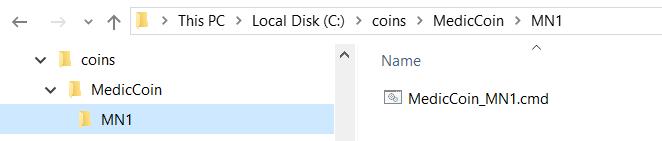 Create directory MN1 under C:\coins\MedicCoin folder Below is the file structure on your PC after step 3. 4. Create a command file for starting MedicCoin wallet.