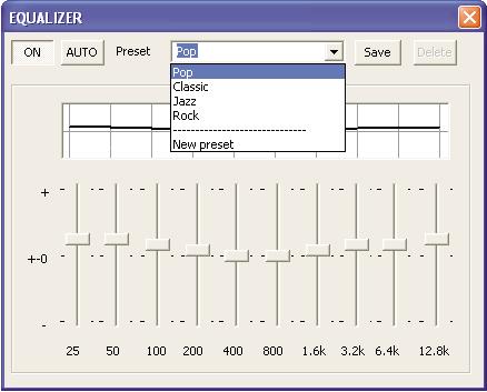Modifying the sound with the equalizer Selecting the equalizer that suits your tastes 1. Click [EQUALIZER]. 2. Click the non-indented [ON] button to activate the equalizer functions. 3.