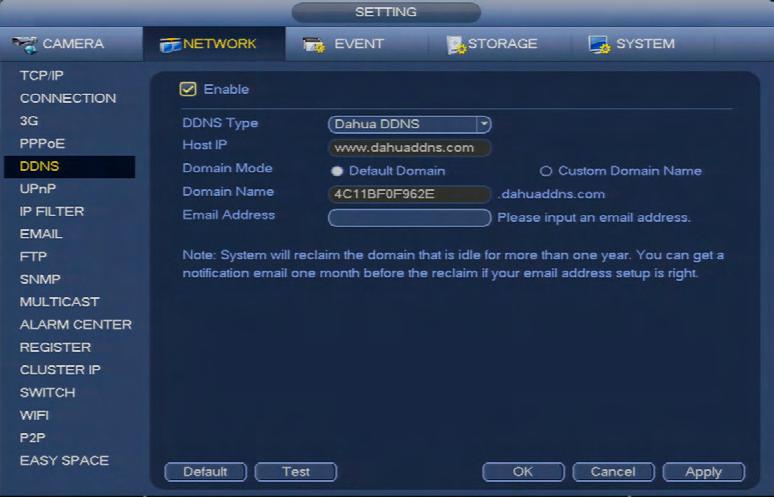 Dahua DDNS Dahua DDNS is a free DDNS provider built into every Dahua DVR Dahua DDNS can be configured in the DVR network menu When connecting remotely, the DDNS domain address is used to access the