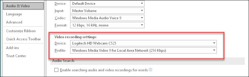4/7/2018 OneNote 2010/2013/2016 2. On the Audio & Video page, in the Video recording settings area, in the Device list, click the device to use for video input. 3.