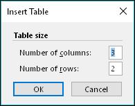 action. The Insert Table dialog: You can move your mouse over the squares (1) to view the selection or you can click the (2) Insert Table menu to add numbers.