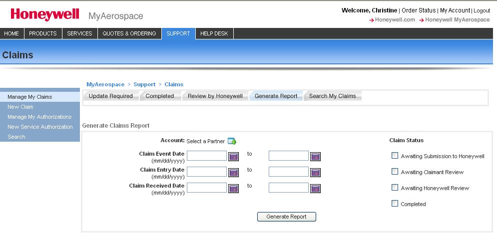 Manage My Claims Generate Report Generating Reports. Click on the Generate Report Tab.