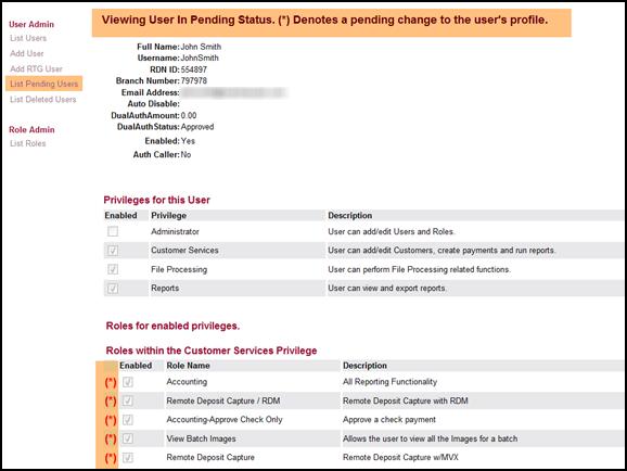FIGURE 18 - VIEWING USER IN PENDING STATUS c. From the bottom of the page, select the Accept option to implement the changes made. Select the Reject option to deny the changes.