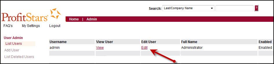 2. From the left navigational bar, under the User Admin heading, select List Users. FIGURE 6 - LIST USERS OPTION 3.